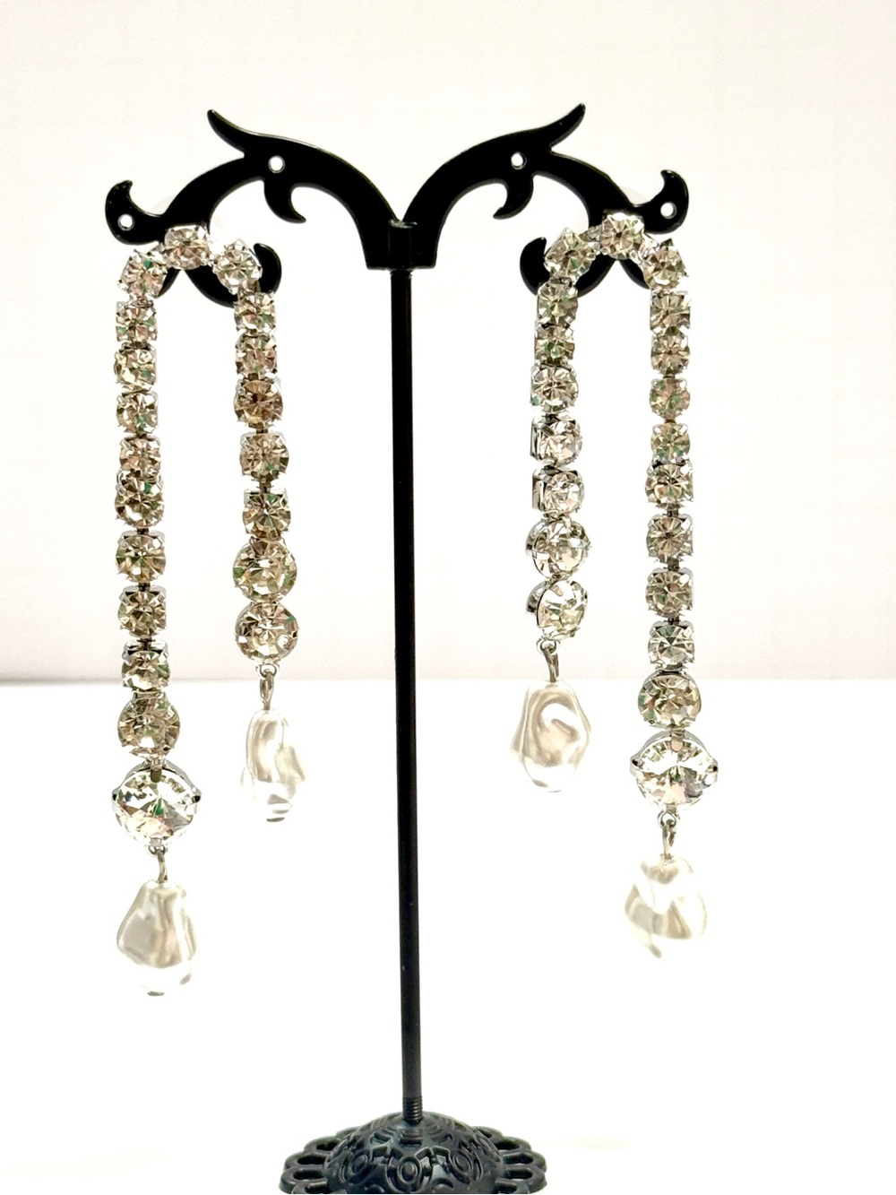 Crystal & Pearl Accent Double Drop 4” Statement Party Earrings NWT